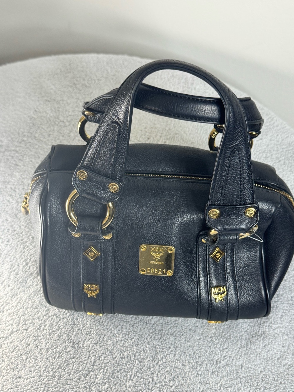 Mini Boston MCM Black Leather Satchel with Gold Plaque and Hardware
